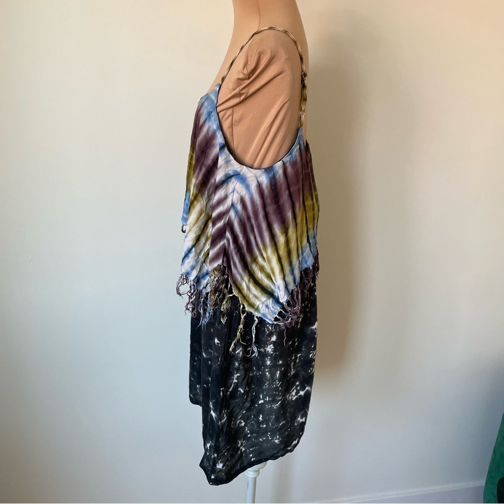 Santiki Indonesia Tie Dye Multicolor Rayon Fringe Detail Mini Dress Size Small - Picture 2 of 8